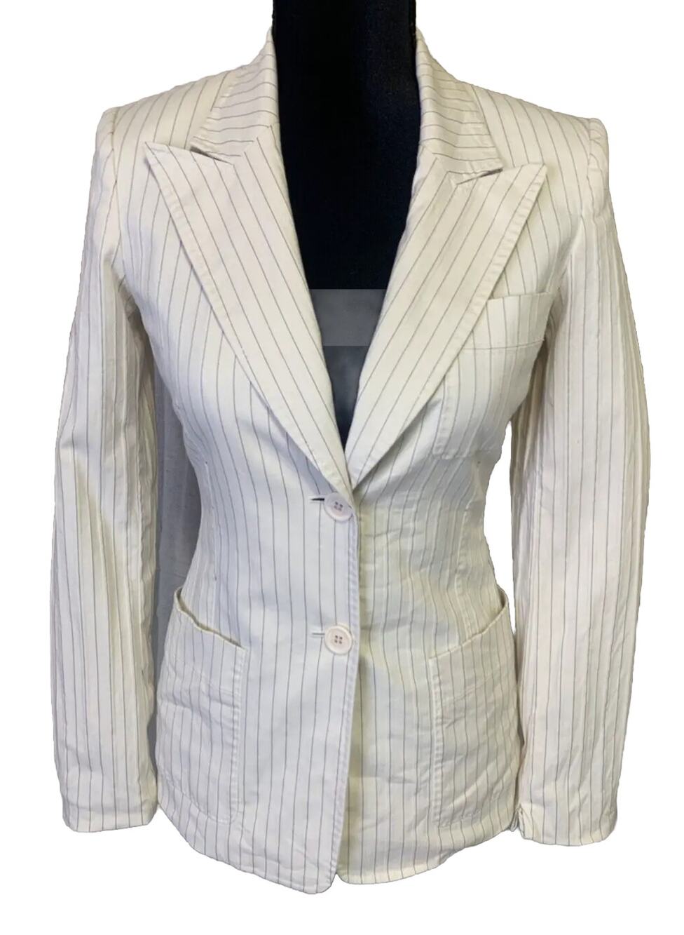 Vtg Anne Klein Womens Sport Coat Size 2 White w/ Stripes Preppy Office Academia